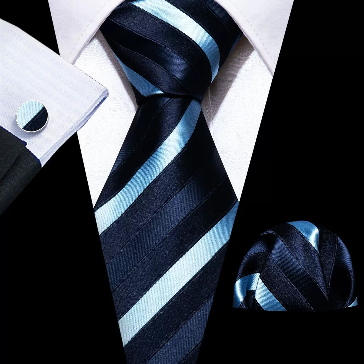 Men's tie, pocket square and cufflinks set in Navy & Sky Blue Stripe