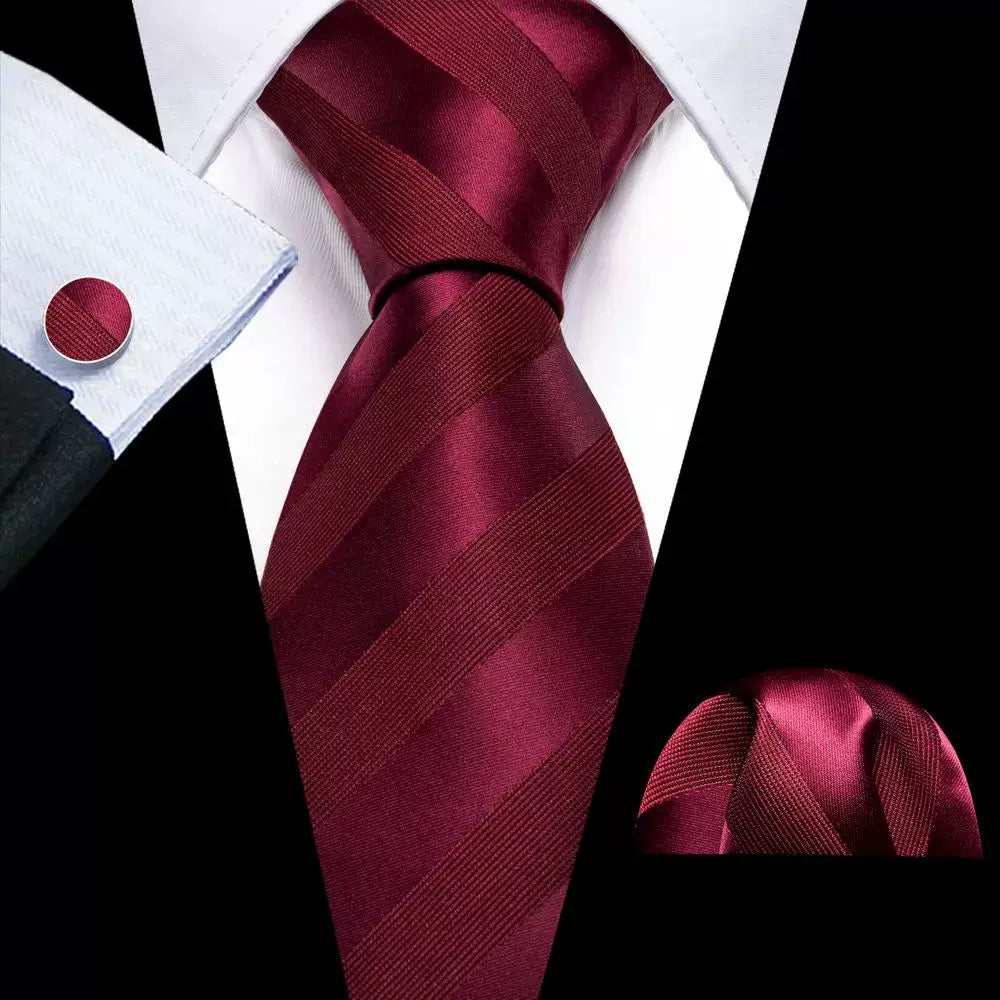 Men's tie, pocket square and cufflinks set in Burgundy Stripe