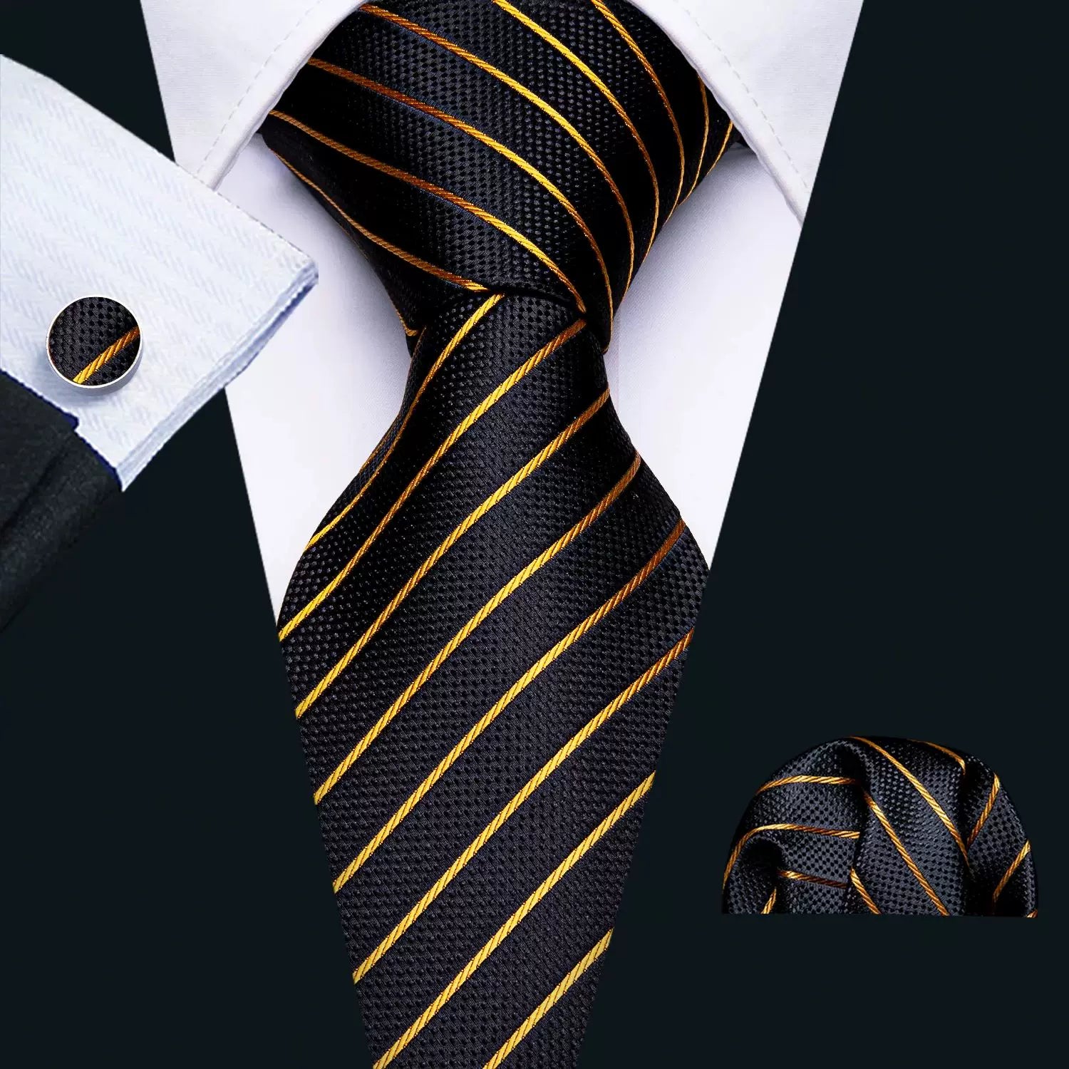 Men's tie, pocket square and cufflinks set in Black & Gold Stripe