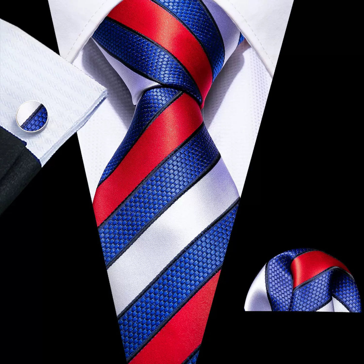Men's tie, pocket square and cufflinks set in Red, White & Blue Stripe
