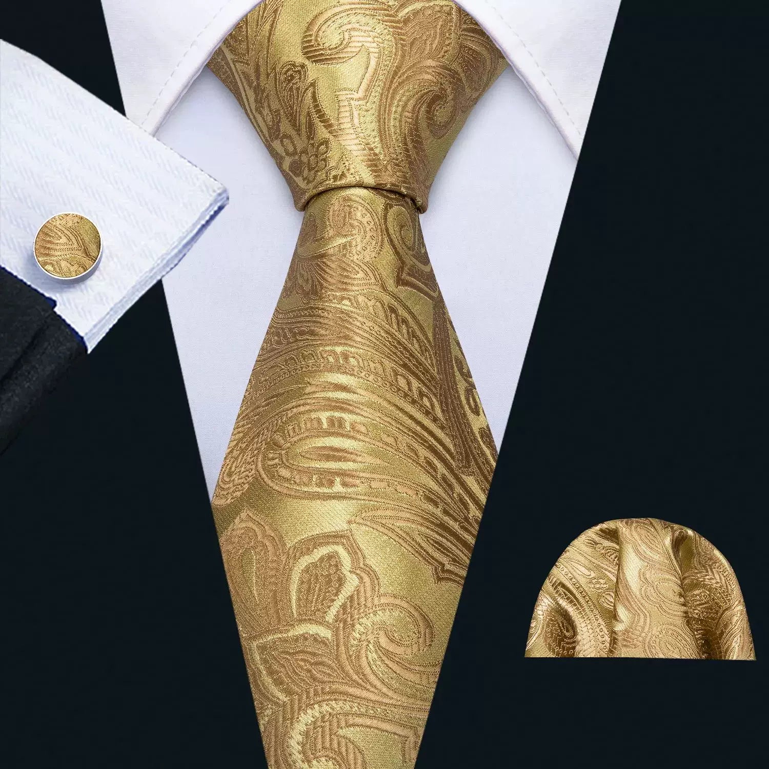 Men's tie, pocket square and cufflinks set in Gold Paisley