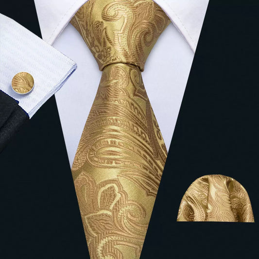 Men's tie, pocket square and cufflinks set in Gold Paisley