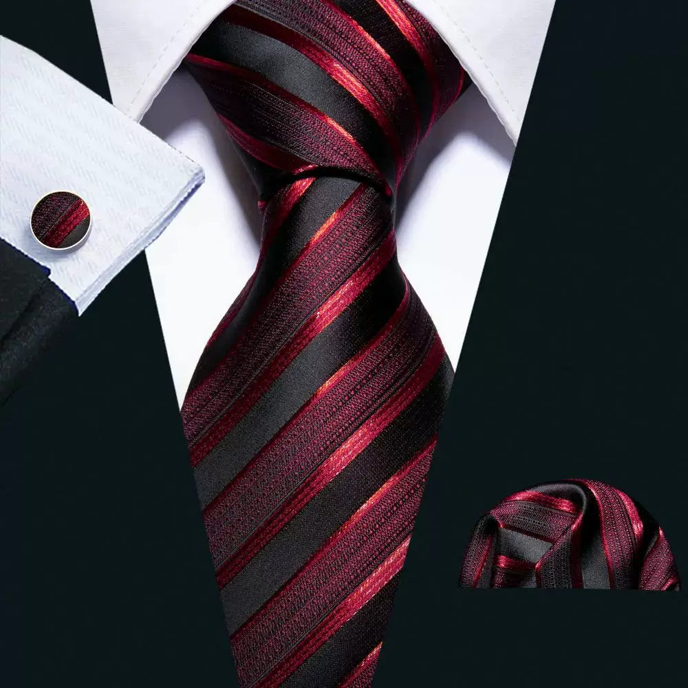 Men's tie, pocket square and cufflinks set in Black & Red Stripe