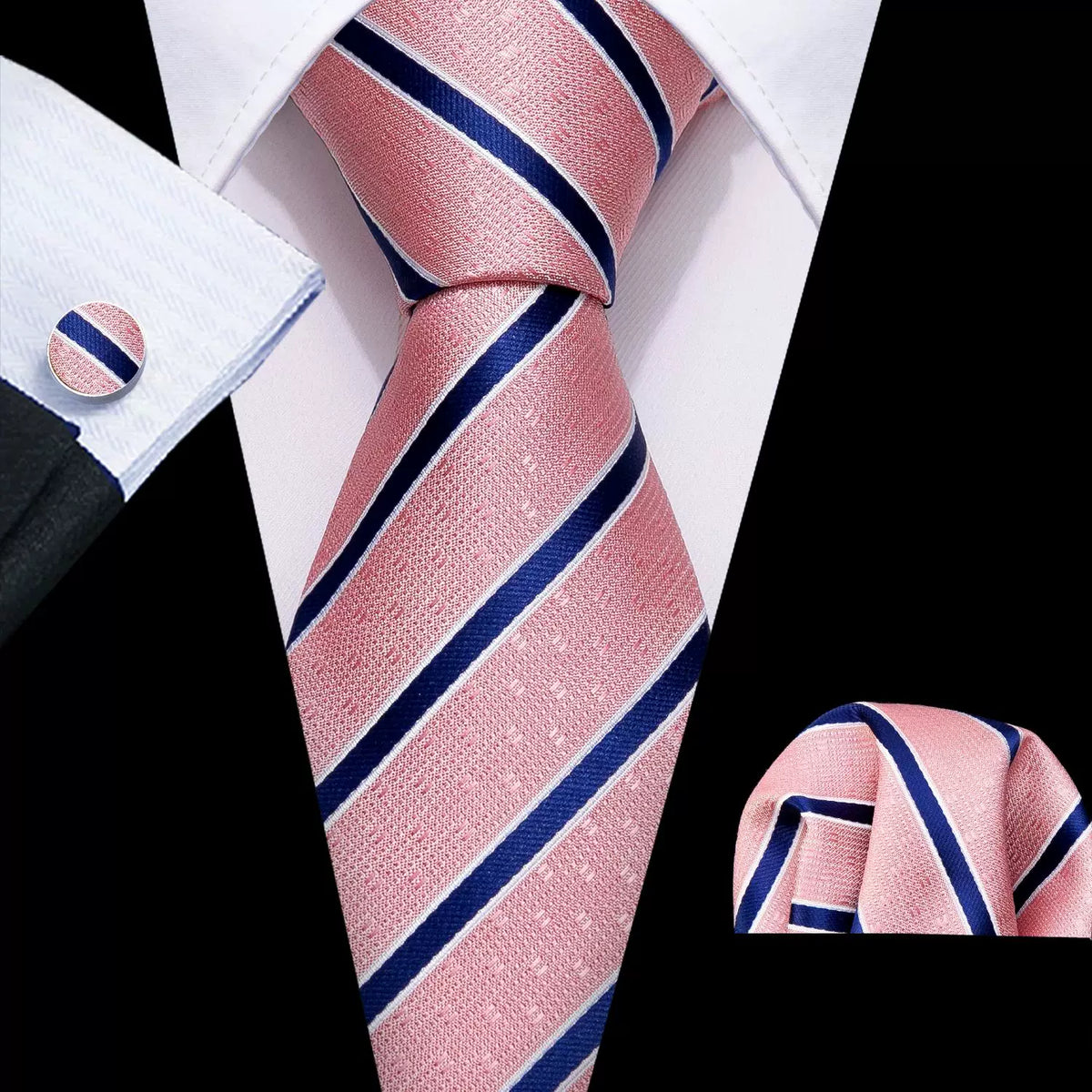 Men's tie, pocket square and cufflinks set in Pink & Navy Stripe