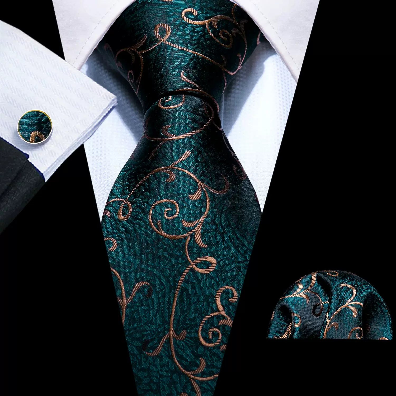 Men's tie, pocket square and cufflinks set in Teal Paisley