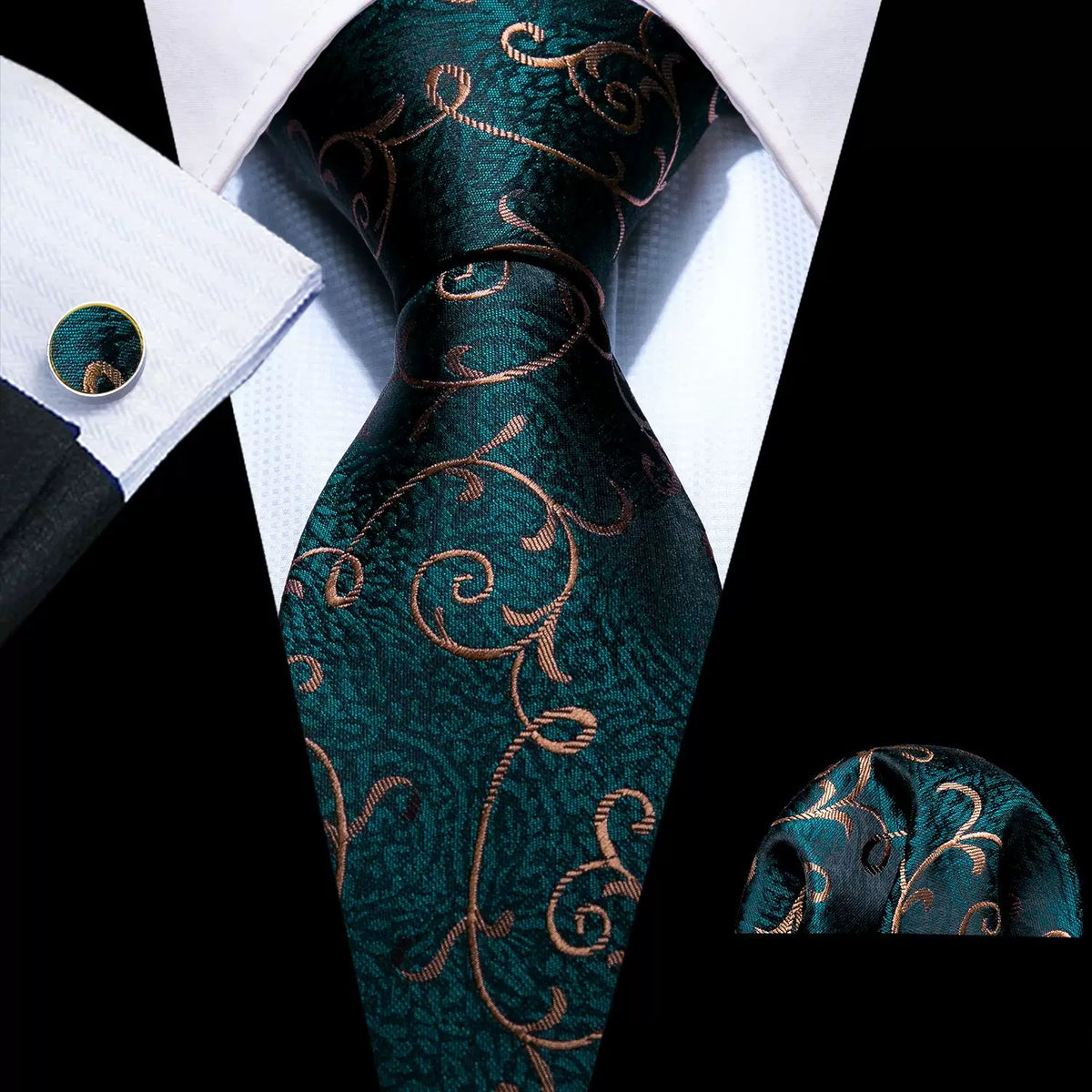 Men's tie, pocket square and cufflinks set in Teal Paisley
