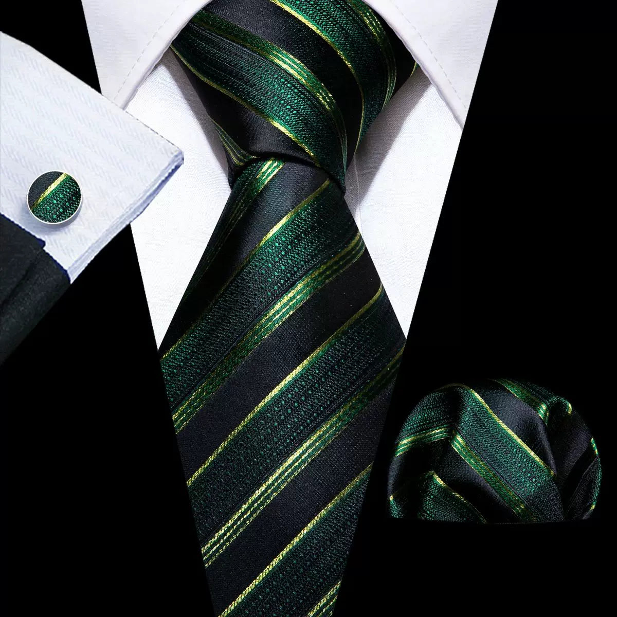 Men's tie, pocket square and cufflinks set in Forest Green Stripe