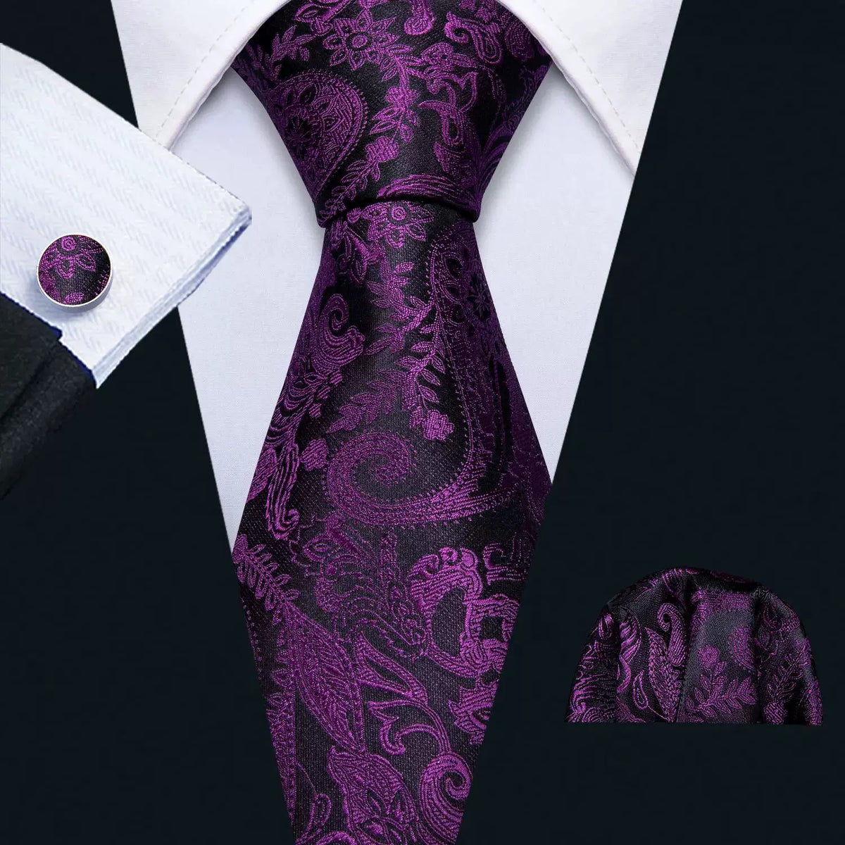 Men's tie, pocket square and cufflinks set in Purple Paisley