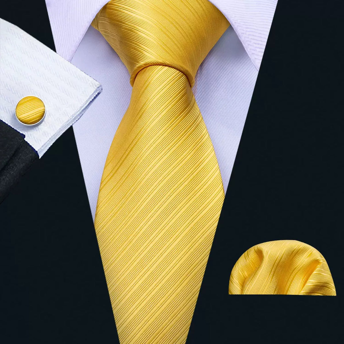 Men's tie, pocket square and cufflinks set in Golden Yellow