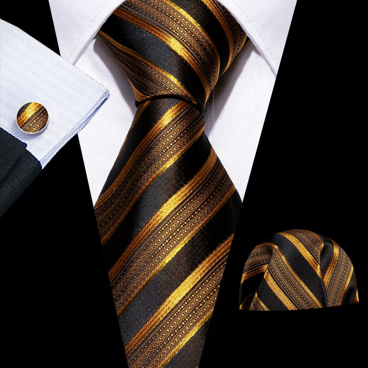 Men's tie, pocket square and cufflinks set in Bronze & Black Stripe