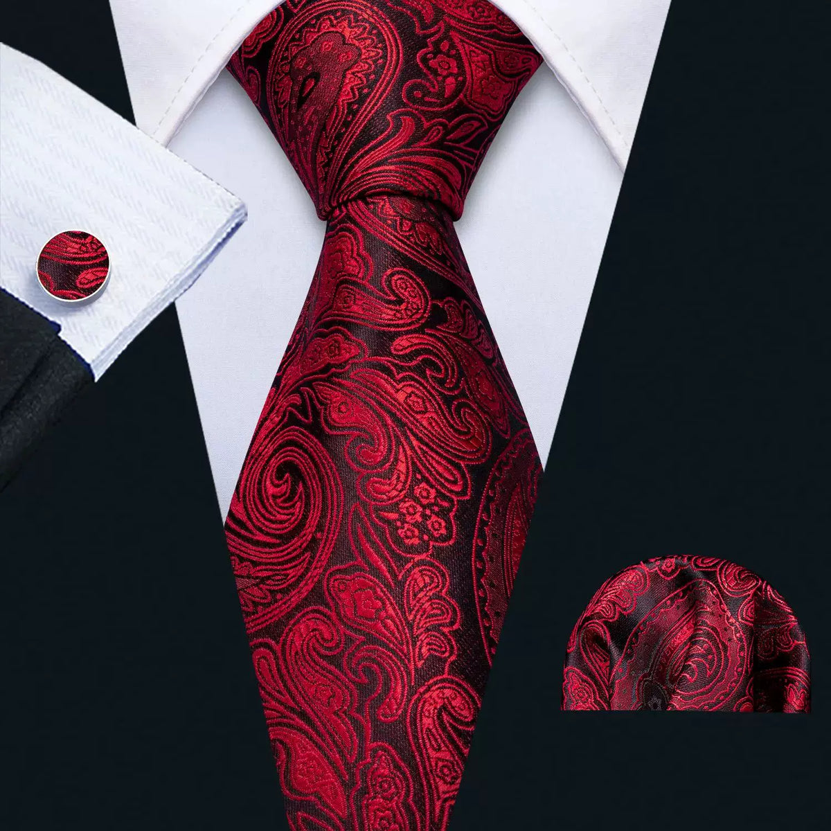 Men's tie, pocket square and cufflinks set in Red Paisley